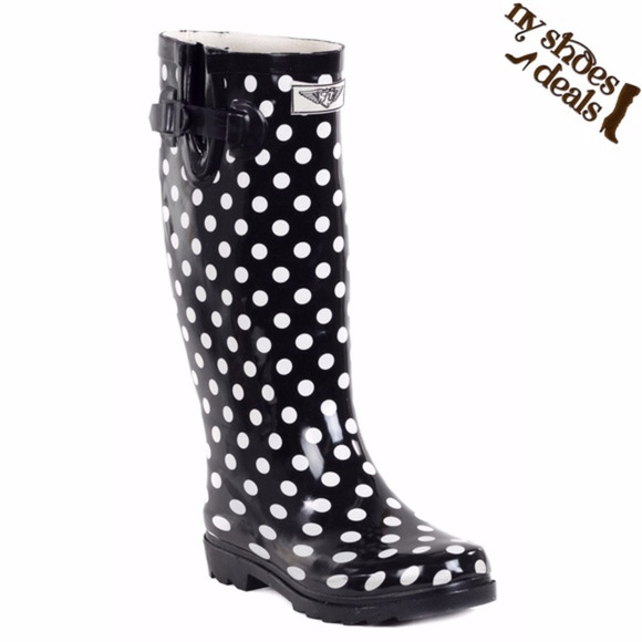 Women's Rubber Rain Boots, Black Polka Dots Rainboots - Picture 1 of 3